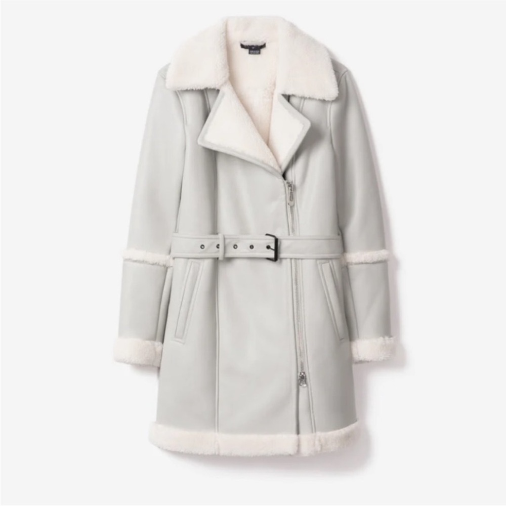 Noize Sanna Faux Shearling Coat Gray White Vegan Sherpa Trim NWT XS